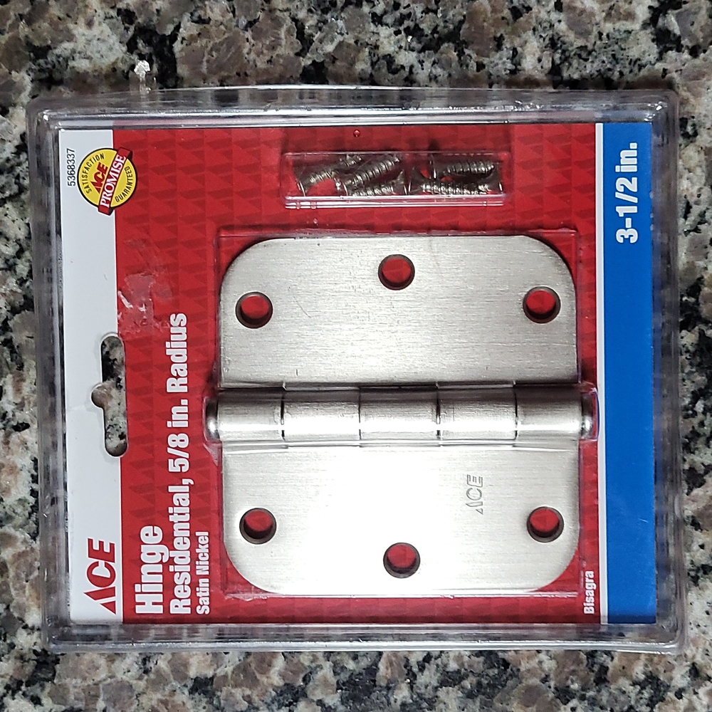 Ace 5368337 Door Hinge 5/8in Radius Satin Nickel 3 1/2in new in package w/ screw